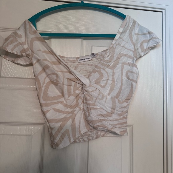 mandee Tops - Mandee Tan and White Patterned Blouse